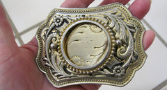Vintage Southwestern Repousse Gold Tone Metal Belt Buckle with Black Enamel