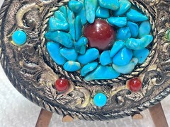 VTG Turquoise Belt Buckle Red Color Stones South Western Country Style Oval