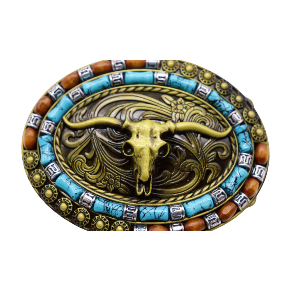 Men Antique Gold Metal Buckle Western Fashion Bull Long Horns Cow Turquoise Blue