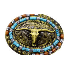 Men Antique Gold Metal Buckle Western Fashion Bull Long Horns Cow Turquoise Blue