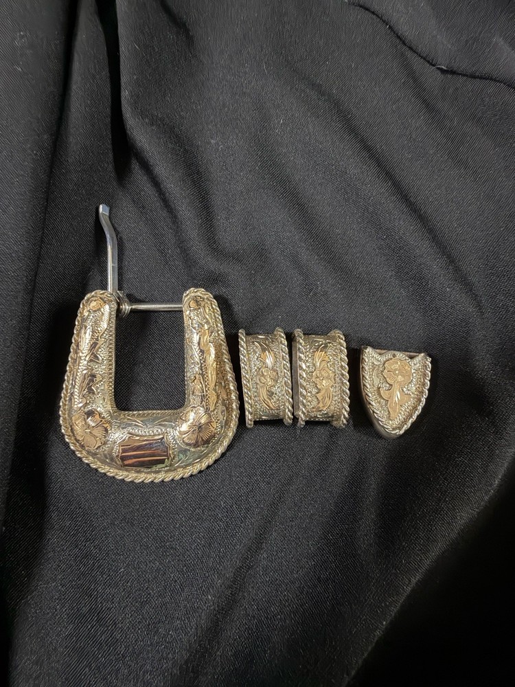 Sterling Silver 10K Gold Overlay Western 4 Pc Belt Buckle Set GN34 Mexico