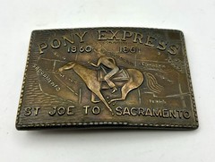 Vintage Brass Pony Express St. Joe To Sacramento Belt Buckle 3 1/2&Prime; Bronze Tone