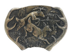 VINTAGE BERGAMOT BRASS WORKS MENS BUCKLE BUCK & DOE JUMPING c 1977 = Y-144