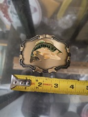 FISHING LARGE MOUTH BASS BRASS BELT BUCKLE ENAMELED RAINTREE BRAND 1979