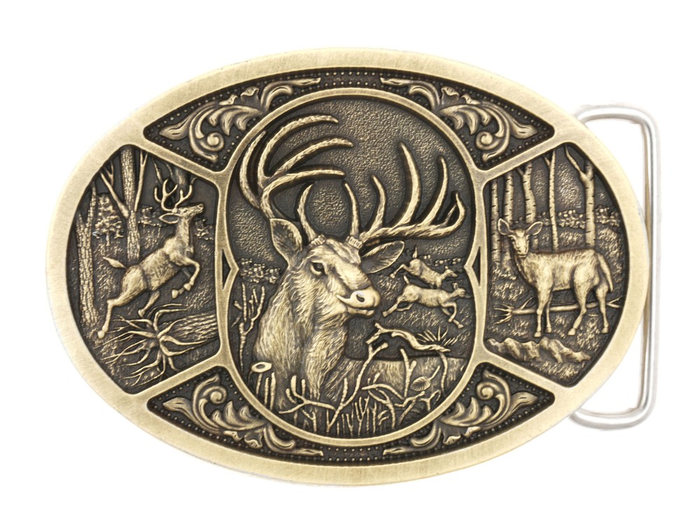 Western Buck Deer Hunter Hunting Bronze Plated Metal Belt Buckle