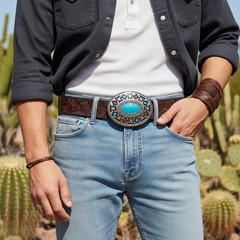 New Men Women Silver Metal Fashion Belt Buckle Native Ethnic Oval Turquoise Blue