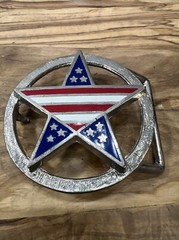 VTG Silver Tone Metal & Enamel Patriotic Flag Star Red White Blue Belt Buckle