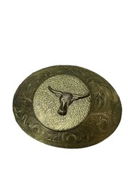 Vtg 70s Gold Metal Oval Engraved Longhorn Steer Head Western Belt Buckle