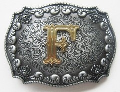 3-D INITIAL LETTER  » F  » RODEO COWBOY SILVER GOLD WESTERN BELT BUCKLE