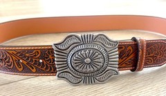 Western Silver Belt Buckle Concho Style Engraved Cowboy Rodeo Design