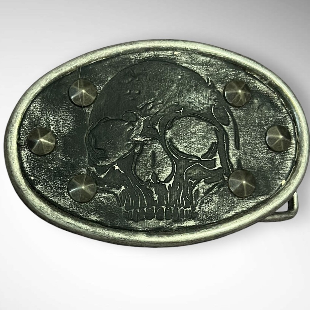VINTAGE RARE Unisex Studded Leather Skull Metal Belt Buckle | EUC