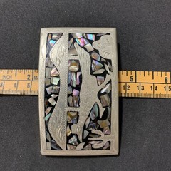 Western Belt Buckle with Roadrunner Bird Abalone Shell Southwest Cactus Inlaid