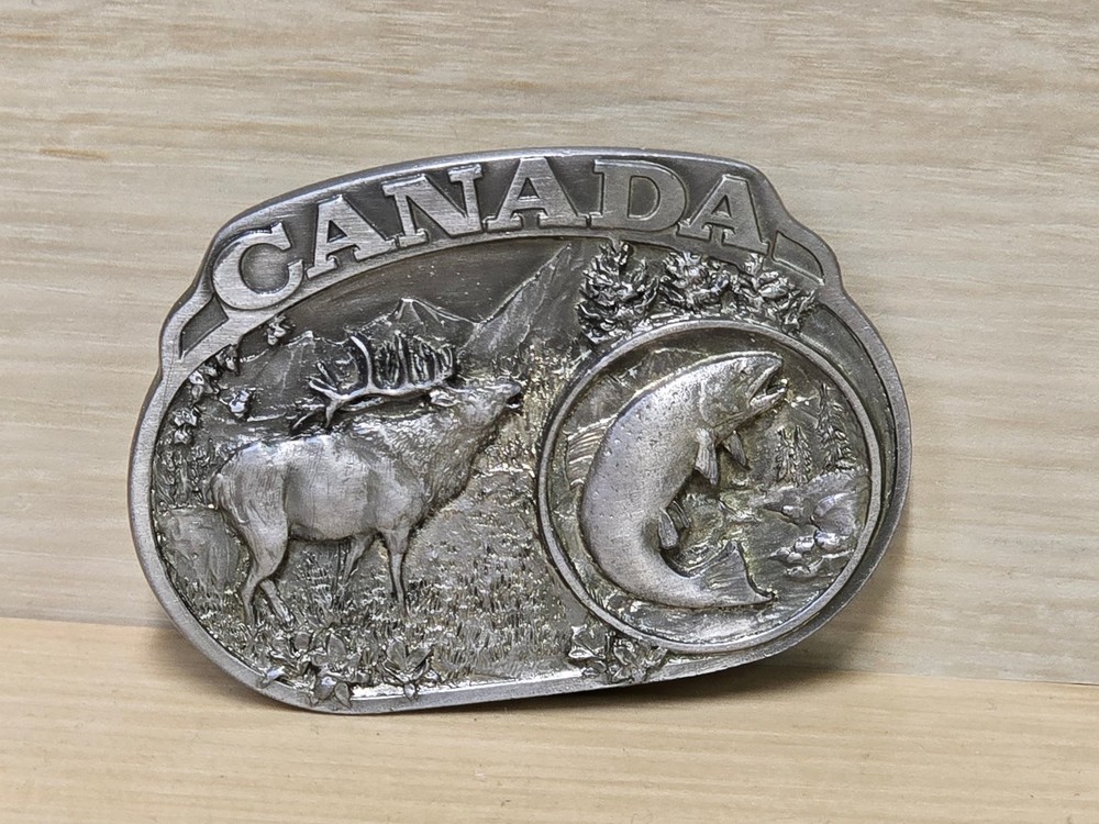 Vintage C&J CANADA Wildlife Elk Salmon Belt Buckle Silver Tone Pewter 1985