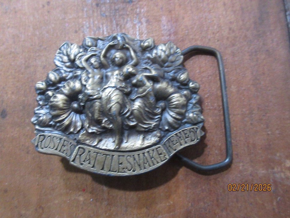 Vintage 1974 Rare Hard-to Find Rosie&rsquo;s Rattlesnake Remedy – Bergamot Belt Buckle