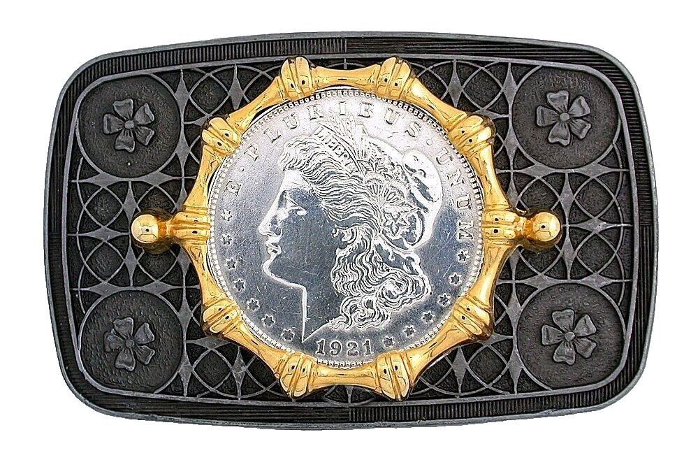 1921 Morgan Silver Dollar Pewter Silver Gold Color Belt Buckle EPBB254/8524