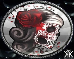 Sugar Skull Tattoo Belt Buckle – Day of the Dead Silver Oval Buckle – 73-2-SO