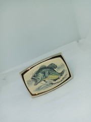 Vtg. RAINTREE ?Gold TnedMetal Ivory Color Large Mouth Bass Belt Buckle. Intricat