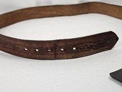 Vintage 80s FRONTIER Gold Rush Club Belt Buckle w/ Embossed Brown Leather Belt