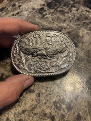 American Bald Eagle Western Belt Buckle Silver Tone Ornate Floral Oval USA