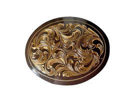 Western Belt Buckle 4.25 x 3.25 in Handcrafted Oval Engraved Brown Gold 2.25
