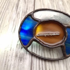 Vtg Stained Glass Flute Belt Buckle Handmade Copper Tone Blue Art Glass Artisan
