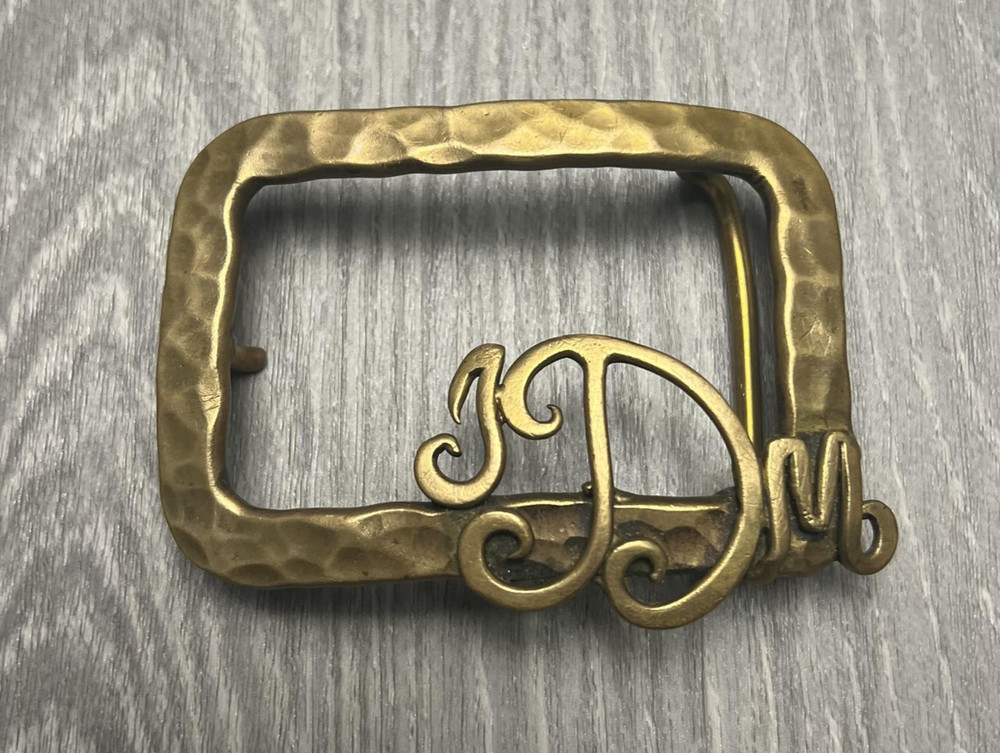 Vintage Dick Peck Belt Buckle Mens Brass Hammered Monogram JDM Signed 1976 70s