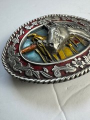 1985 VTG. SISKIYOU Belt Buckle Horse & Saddle Blue Background Excellent COND.