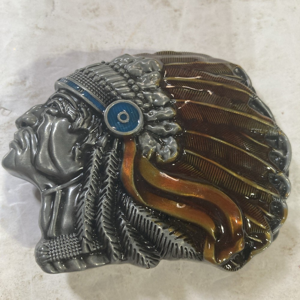 INDIAN CHIEF BUST HEAD Belt Buckle COLOR Eagle Feathers