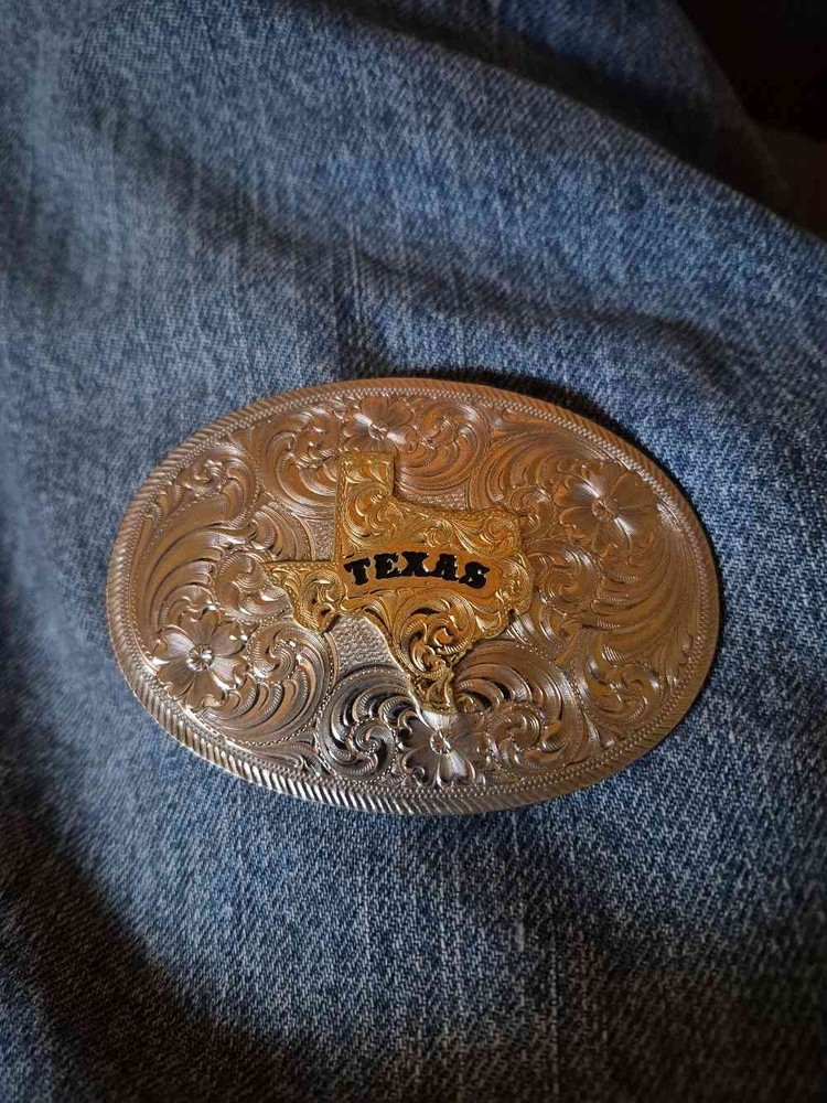 Texas Belt Buckle Silver Gold Tone Western Cowboy Floral Oval
