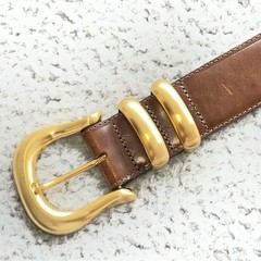 VTG Brighton Leather Belt Size M Brown Gold Buckle USA Made Chunky Double Keeper