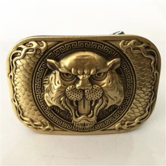 Roaring Tiger Head Belt Buckle Pure Brass Shiny Vintage Antique Western Cowboy