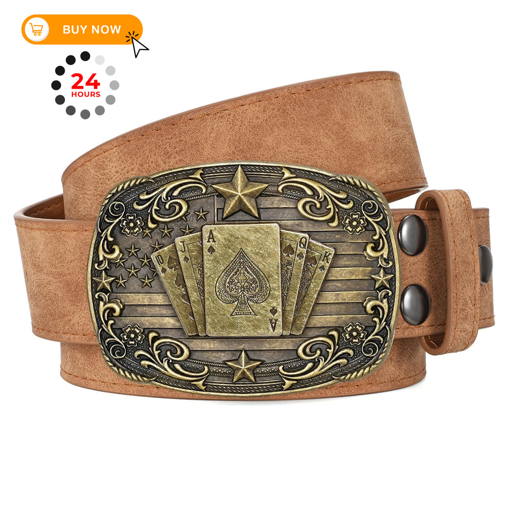 SANSTHS Cowboy Belts for Men Women – 30&Prime;-34&Prime; Waist Adjustable, Pu Brown/Poker