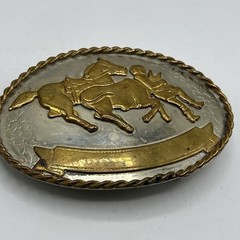Vtg Western Cowboy Roping Bull Rider Rodeo German Silver Belt Buckle Two Tone