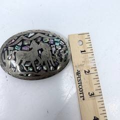 Vintage Mexico Alpaca Silver Horse Belt Buckle Abalone Shell Mosaic Inlay 3.25&Prime;