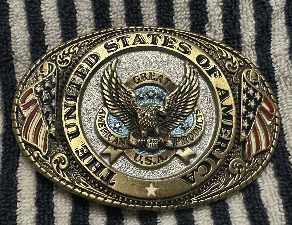USA Patriotic Eagle Flag Oval Western Belt Buckle Metal Embossed 1.75in 1823