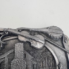 Vintage Missouri State Belt Buckle Pioneer Log Cabin Fiddle Banjo Pewter Tone
