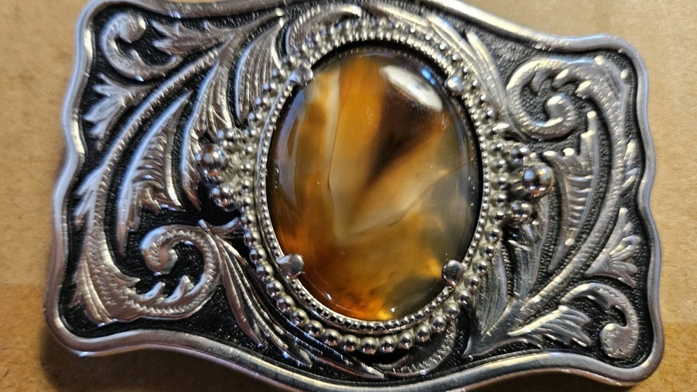 Western Silvertone Belt Buckle w/ Polished Stone 3.50&Prime; x 2.3/8&Prime;
