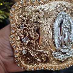 Virgen De Guadalupe Western belt Buckle Rosetone Silver Heavy Rhinestone accent