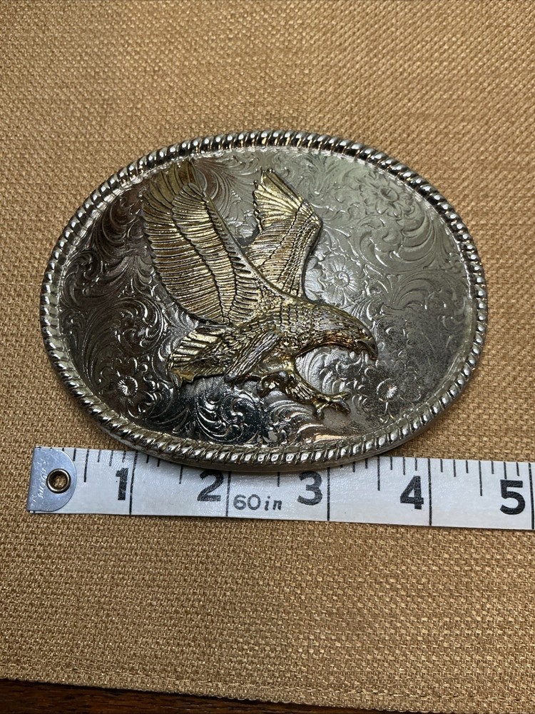 Men&rsquo;s Silver Belt Buckle Vintage USA Made Patriotic Eagle Oval Shaped Large