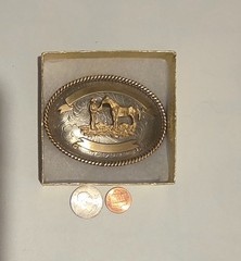 Vintage Metal Belt Buckle, Nice Brass and Silver, Cowboy Talking to His Horse