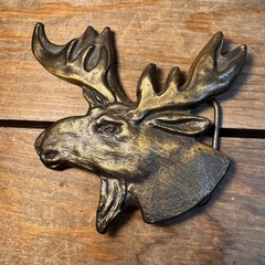 Vintage 1970’s Brass Moose Elk Head Wildlife Belt Buckle 4” #4047