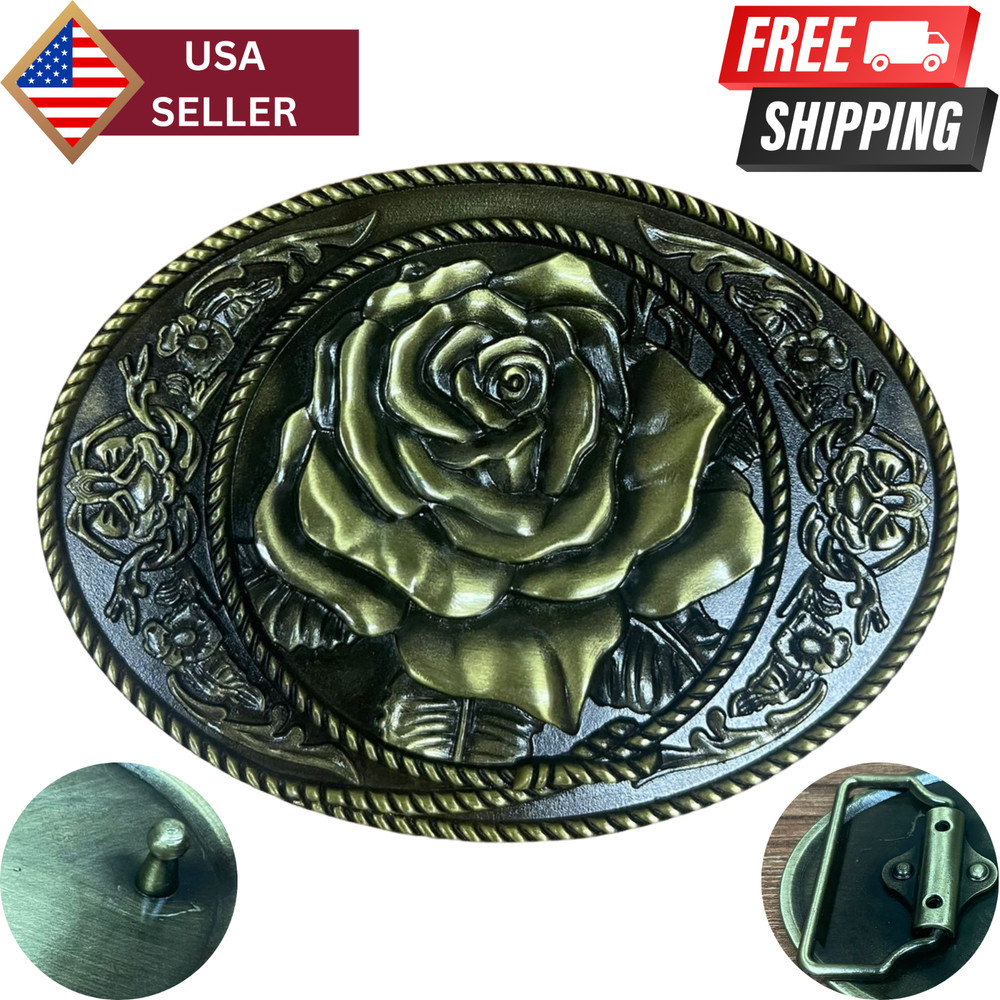 Rose Flower Western Oval Bronze Plated Belt Buckle