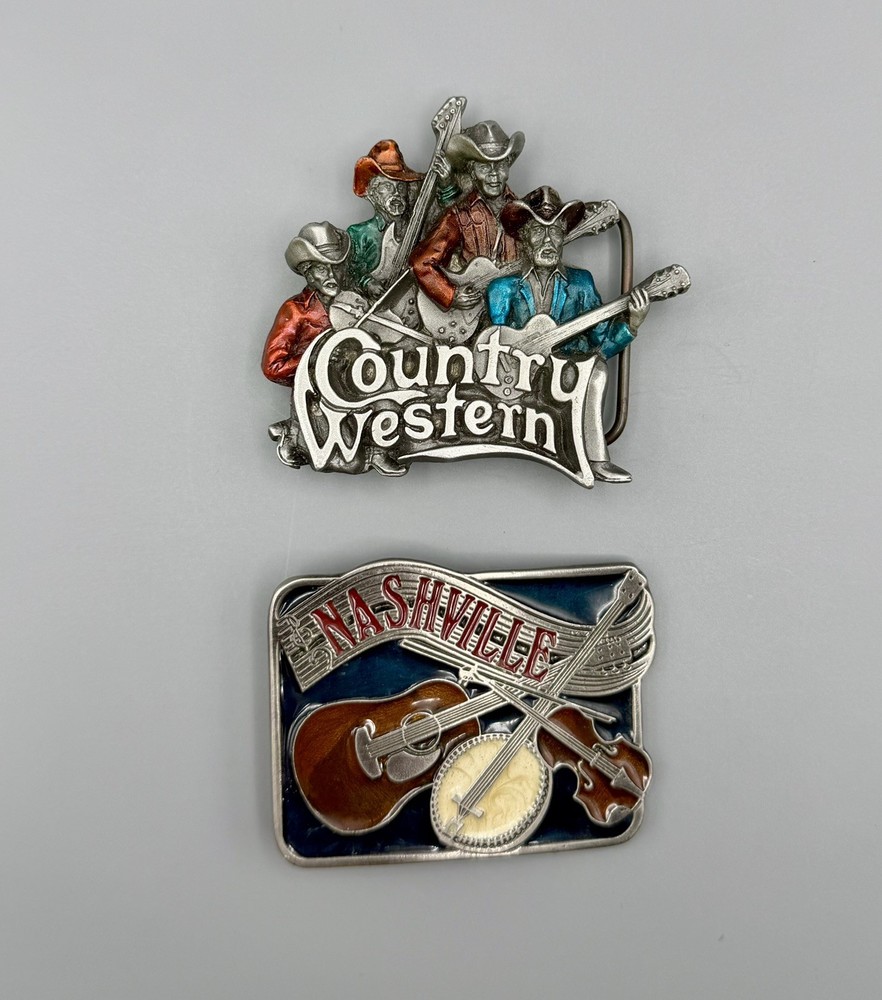 2 Vtg USA Made Brass Belt Buckles Nashville Country Music Western Guitar Fiddle