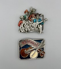 2 Vtg USA Made Brass Belt Buckles Nashville Country Music Western Guitar Fiddle