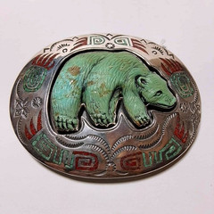 American Style Hand Carved Bear Turquoise Sterling Silver Belt Buckle – 1.5&Prime;