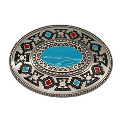 New Men Silver Metal Buckle Native Ethnic Aztec Style Oval Turquoise Blue Color
