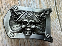 Pirate Skull Crossbones with Crossed Swords 3D Raised Silver Tone Belt Buckle