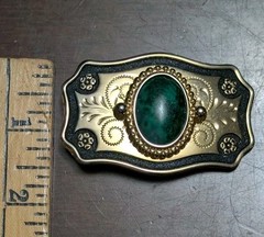 Vtg Southwestern Emerald Green Gem Stone Gold Tone With Black Belt Buckle