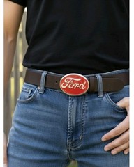 Ford Belt Buckle , Red Enamel Fill Pewter Finish