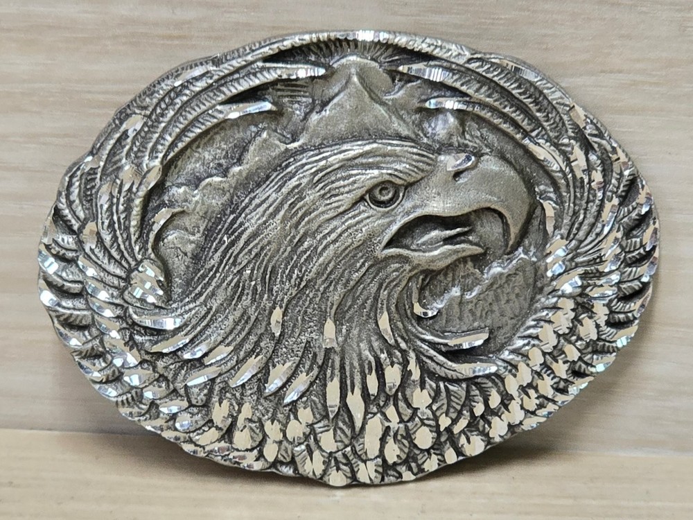 Vintage E&J Belt Buckle Silver Tone 3.25&Prime; Engraved Eagle Wildlife Western